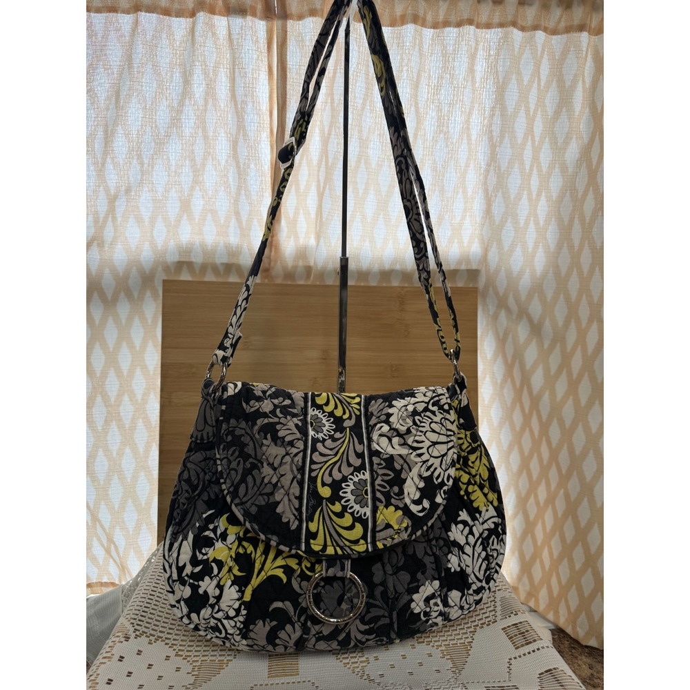 Vera Bradley Handbag Black Yellow Floral Quilted Flap Crossbody Shoulder Bag